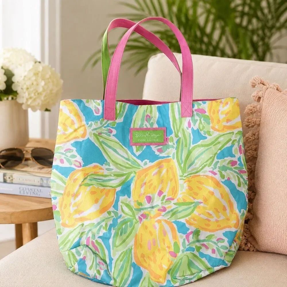 Lilly Pulitzer by Estee Lauder Large Tote Pink Green Handle Yellow Blue